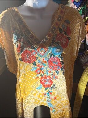 Savanna Jane Mustard Yellow Embroidered Floral V-Neck Tunic